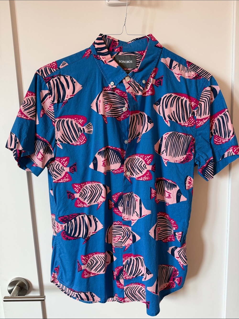 Bonobos Blue Short-Sleeve Button-Up with Pink Fish Print